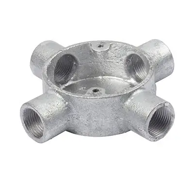 Read more on Green Brook 25G4N | Norslo 25mm Malleable Iron Galvanised 4 Way Conduit Intersection Box