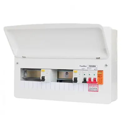 Read more on FuseBox F2010DX | 100A 10 Way Main Switch Incomer Dual RCD 80A Type 2 Surge Protector Consumer Unit