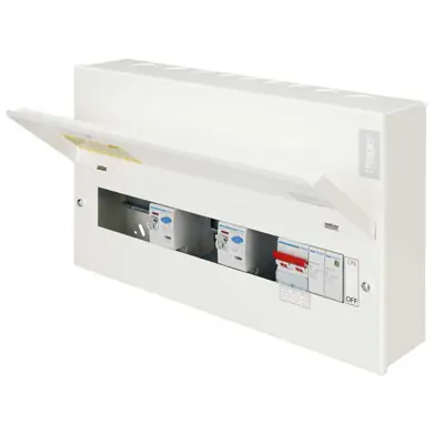 Read more on Hager VML910CUSPDRK | 10 Way Dual RCD, Split Load, High Integrity Metal Clad Consumer Unit with SPD, 100A Switch Disconnector Incomer & Round Knockouts