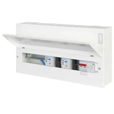 Read more on Hager VML914CUSPDRK | 14 Way Dual RCD, High Integrity Metal Clad Consumer Unit with Round Knockouts