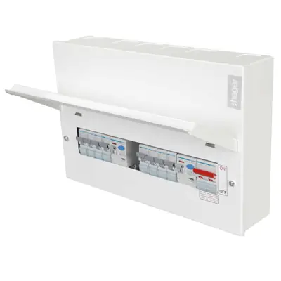 Read more on Hager VML955RK | 100A 5 + 5 Way Dual RCD, Split Load Metal Clad Consumer Unit with Round Knockouts