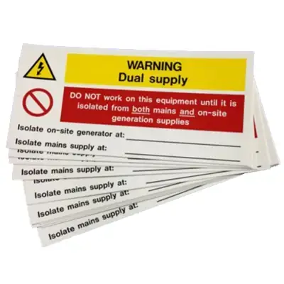 Read more on Industrial Signs IS8110SA | Self Adhesive Dual Supply Notice Vinyl Labels 130x60mm Pack of 10