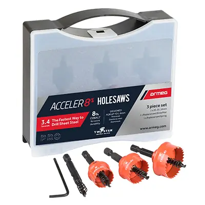 Read more on Armeg SSH3PCSET | Acceler8% 20mm, 25mm, and 32mm Sheet Steel Holesaw, Red (Pack of 3)