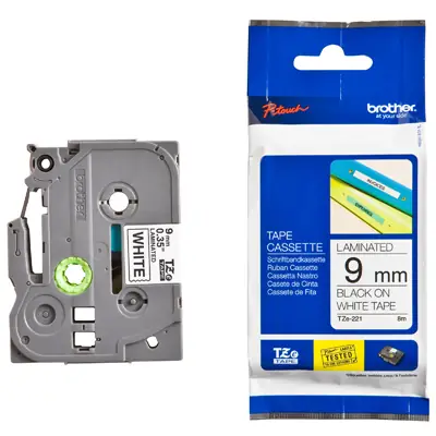 Read more on Brother TZE221 | 9x8mm Black on White Laminated P-Touch Adhesive Labelling Tape Cassette