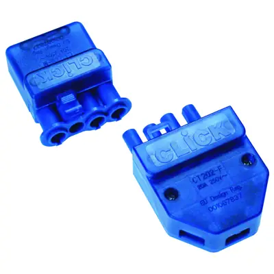 21412-2 Click Scolmore CT203C | Clickflow 20A 4 Pin Plug-In Flow Connector with Auxiliary Terminals & Fast Fit Cord Grip, Blue