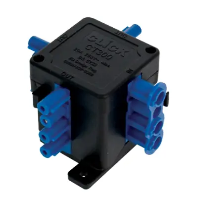 Read more on Click Scolmore CT300 | Clickflow 20A 4 Pin (1 In 3 Out) Flow Hub Junction Box, Blue