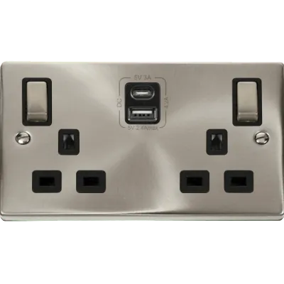 Read more on Click Scolmore VPSC586BK | Socket Switch 13A 2 Gang With USB Outlet (Type A & C) 4.2A Satin Chrome w/ Black Insert