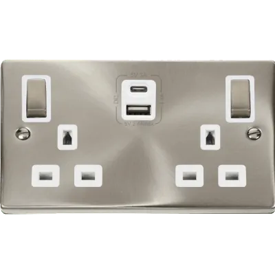 Read more on Click Scolmore VPSC586WH | Socket Switch 13A 2 Gang With USB Outlet (Type A & C) 4.2A Satin Chrome w/ White Insert