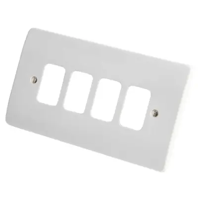 Read more on MK K3634WHI | Grid Plus 4 Gang Front Plate, White