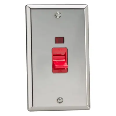 Read more on Varilight XC45N | 45A Double Pole Vertical Cooker Switch Twin Plate with Neon, Classic Mirror Chrome