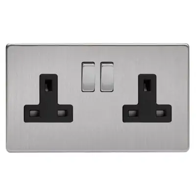 Read more on Varilight XDS5BS | 13A 2 Gang Double Pole Switched Socket with Black Inserts, Screwless Brushed Steel