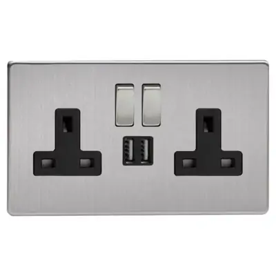Read more on Varilight XDS5U2SBS | 13A 2 Gang Single Pole Switched Socket with Black Inserts, Metal Rockers & 2x5V DC 2100mA USB Charging Ports, Screwless Brushed Steel