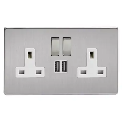 Read more on Varilight XDS5U2SWS | 13A 2 Gang Single Pole Switched Socket with White Inserts, Metal Rockers & 2x5V DC 2100mA USB Charging Ports, Screwless Brushed Steel