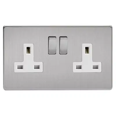 Read more on Varilight XDS5WS | 13A 2 Gang Double Pole Switched Socket with White Inserts, Screwless Brushed Steel