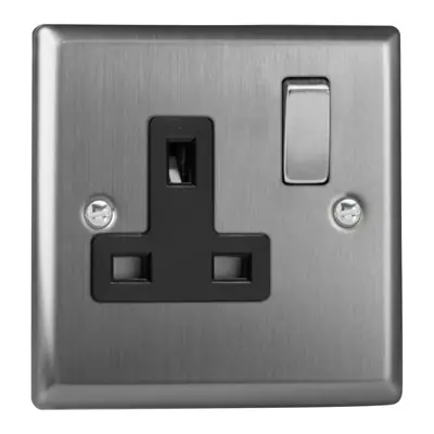 Read more on Varilight XT4DB | 13A 1 Gang Double Pole Switched Socket, Brushed Steel - Black Insert