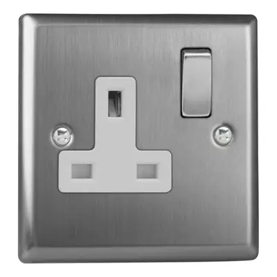 Read more on Varilight XT4DW | 13A 1 Gang Double Pole Switched Socket, Brushed Steel - White Insert