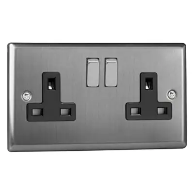Read more on Varilight XT5DB | 13A 2 Gang Double Pole Switched Socket, Brushed Steel - Black Insert