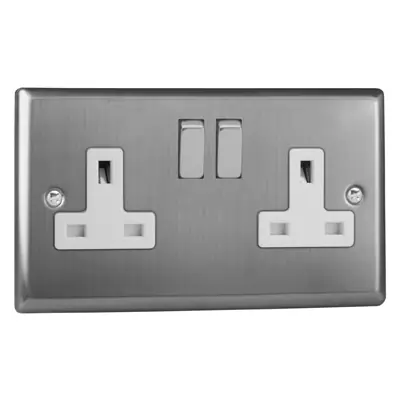Read more on Varilight XT5DW | 13A 2 Gang Double Pole Switched Socket, Brushed Steel - White Insert