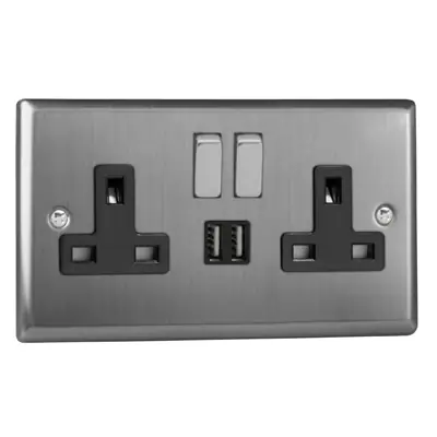 Read more on Varilight XT5U2SDB | 13A 2 Gang Single Pole Switched Socket with Dual 5V DC 2100mA USB Charging Ports, Brushed Steel - Black Insert
