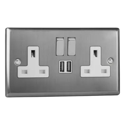 Read more on Varilight XT5U2SDW | 13A 2 Gang Single Pole Switched Socket with Dual 5V DC 2100mA USB Charging Ports, Brushed Steel - White Insert