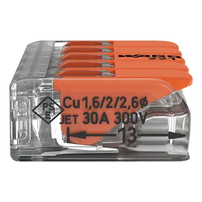 33115-2 Wago 221-615 | 41A 450V 4kV 0.5 - 6mm 5 Way Compact Lever Operated Cable Splicing Connector Terminal Block, Transparent (Pack of 15)