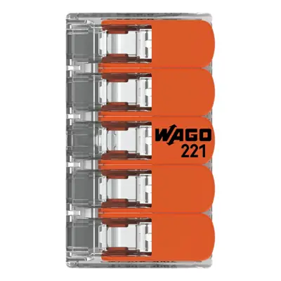 33115-4 Wago 221-615 | 41A 450V 4kV 0.5 - 6mm 5 Way Compact Lever Operated Cable Splicing Connector Terminal Block, Transparent (Pack of 15)